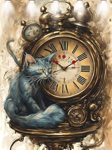 Gatto Diamond Painting Grandi Dimensioni, 5D DIY Orologi E Orologi Mosaico Crystal Painting Kit Completo, Diamantini Crystal Art Bambini, Pittura Diamante Adulti, Decor per Murale Regali 70x90cm Y-258