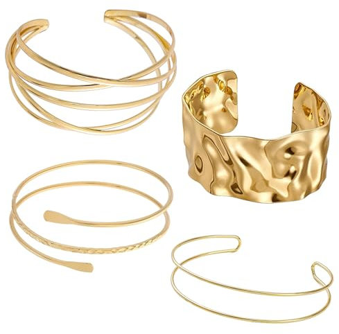 agogue 4 Stück Oberarmreif Gold, Armreif Gold Oberarm Modeschmuck Armreifen Damen, Armband Set Minimalistischer Goldene Armreifen, Adjustable Armreif für Damen