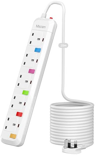 Mscien Long Extension Lead 10M with Switches, 5 Way Overload Protected Extension Cable, UK Power Strip Wall Mountable with 10 Metre Extension Cord, 5 Gang Multi Plug Extension Sockets