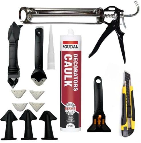 Tsekouri Decorators Caulk White Set - Bundle With Sealant Gun, Silicone Sealant Tool Finishing 3 in 1 Kit Smoothing Set And Soudal White Caulk Gap And Crack Filler Acrylic Silicone Adhesive Sealant