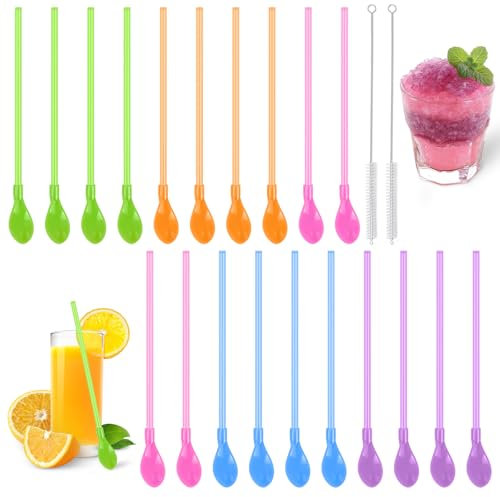 FLEXNOVA 20 Stück Strohhalm Löffel Plastik Bunt, Slush Strohhalme Latte Macchiato Löffel mit Strohhalm, 2 in 1 Löffelstrohhalme Wiederverwendbare löffel-trinkhalme für Cocktails,Smoothies,Milchshakes