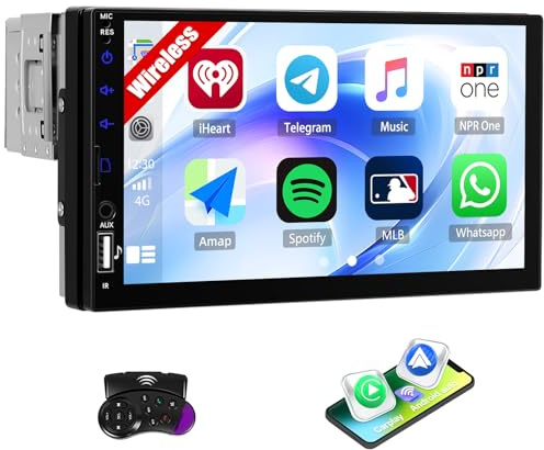 SIXTOP 7 Single Din Car Stereo with Apple Carplay Wireless Android Auto HD Touchscreen 1 Din Car Radio with Bluetooth 5.2 FM Radio Mirror Link USB/AUX/TF Ports Headunit Steering Wheel Control