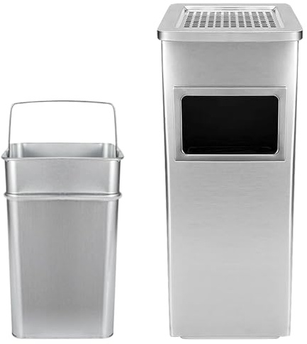Mülleimer mit Aschenbecher für den Außenbereich – Standaschenbecher aus Edelstahl mit Mülleimer – 24 x 24 x 60 cm 35 l – Silber, 1 Stück