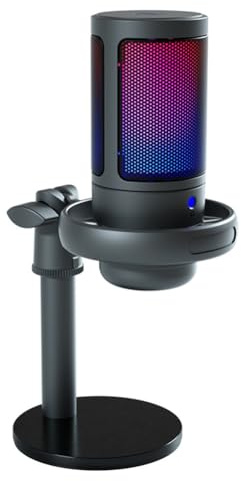 Flaroey Microfono USB A Condensatore in Metallo Registrazione Professionale in Streaming con Microfono per Podcast da Tavolo con Luce RGB, Facile da Usare Durevole