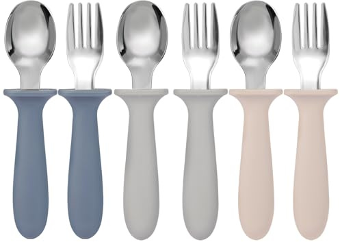 Eascrozn Toddler Forks and Spoons Set, 6 Pack Kids Silverware with Silicone Hand, 18/8 Stainless Steel Children Safe Toddler Utensils, BPA Free, Dishwasher Safe