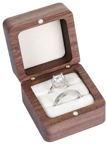 Ringbox Holz, Ringbox Hochzeit, Vintage Massive Walnuss Ringschatulle, Ringbox mit 2 Fächern für Heiratsantrag, Verlobung, Hochzeit und Tägliche Lagerung (Weiße Innenausstattung ohne Fenster)