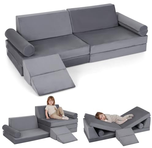 COSTWAY Kids Play Couch, 10-Piece Modular Toddler Soft Climb & Crawl Foam Playset with Machine Washable Zippered Cover, Convertible Children Sofa Bed for Kidsroom Bedroom Living Room (Grey)