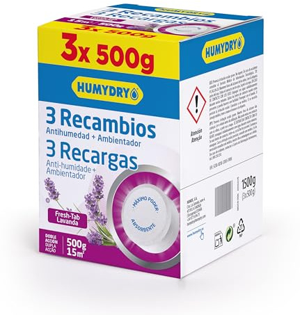 Set de 3 Recambios de tableta Antihumedad para Deshumidificadores - Ideal para Armarios, Baños y Habitaciones - Espacios de hasta 15 m2-500 gr - Aroma: Lavanda - Humydry