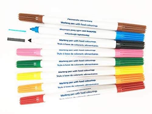 6 x Double-Sided Edible Ink Cake Decorating Pens - Thick and Fine Edible Marker Tips - EU Approved Edible ink Colourings & Ingredients (Red, Orange, Brown, Green, Pink & Yellow)