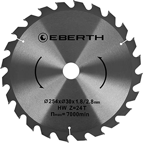 EBERTH Lame de Scie Circulaire en Acier avec Dents en Carbure pour la Coupe du Bois (Diamètre 254mm, Alésage 30mm, Épaisseur de la Lame 1.8mm, Largeur de Coupe 2.8mm, 24 Dents, RPM Max. 7000)