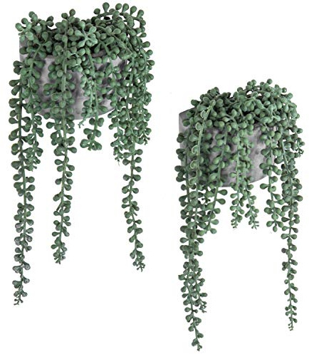 MyGift Artificial String of Pearls Hanging Plants – Faux Succulent in Grey Cement Wall Planters, Set of 2 Indoor Wall Decor