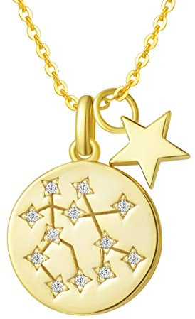 FANCIME Gemelli Segno Zodiacale 12 Costellazione Ciondolo Collana in Argento Sterling 925 Placcato Oro Gioielli per Donna Ragazze Bambini - Catena Lunghezza: 40 + 5 cm