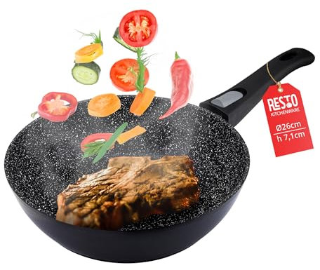 RESTO Bratpfanne 26 cm, tiefe Wokpfanne aus geschmiedetem Aluminium mit vierschichtiger Marmor-Antihaftbeschichtung – abnehmbarer Griff - für alle Herdarten geeignet, auch Induktion