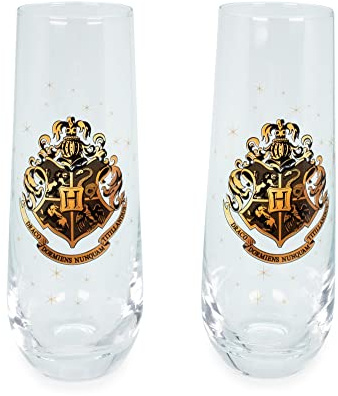 Harry Potter Poudlard Lot de 2 verres cannelés sans pied de 255 g | Tasses à champagne pour griller le vin, mimosas, cocktails | Décoration de bar à la maison, essentiels de cuisine, cadeaux de