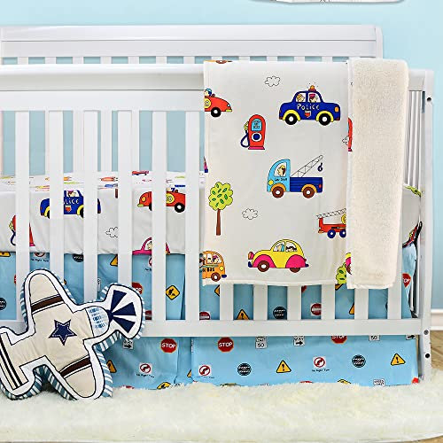 Brandream Baby Krippe Bettwäsche für Jungen Kinderzimmer Bettwäsche Set Nachbarschaft Auto Transport Fahrzeug Kollektion 3-teilig 100% Baumwolle