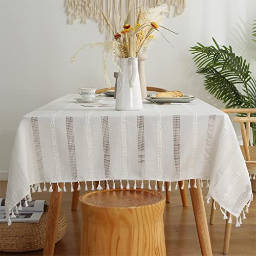 Pahajim Tischdecke Abwaschbar Baumwolle Leinen Tischdecken Rechteckig mit Quasten Tischtuch Moderne Einfache Gestreift für Home Küche Speisetisch Dekoration(Weiß, 140 x 260 cm)