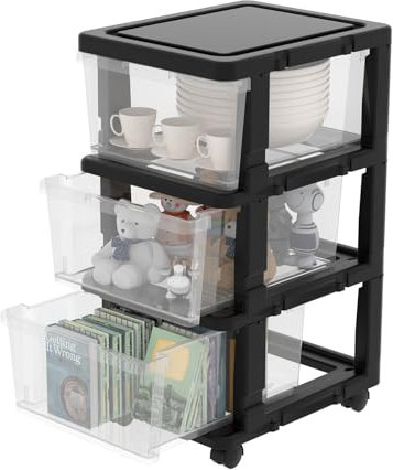 Cetomo Cassettiera in Plastica con Ruote, Cassetti di Stoccaggio, Cassetto, Torre per Casa, Ufficio, Armadio, Camera da Letto, Dormitorio, Smontabile, Scatola, PP, Trasparente e Nero (3 Cassetti)