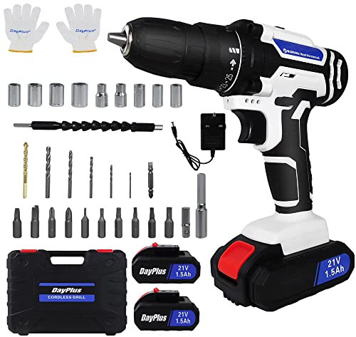 21V Cordless Power Drill Set,Electric Screwdriver Kit Combi Drill with 2 Speed,25+1 Torque 45Nm Max 3/8 Chuck Handheld Drills Driver with 2x1.5 Ah Li-Ion Batteries,Fast Charger,26PCS Drill Bits