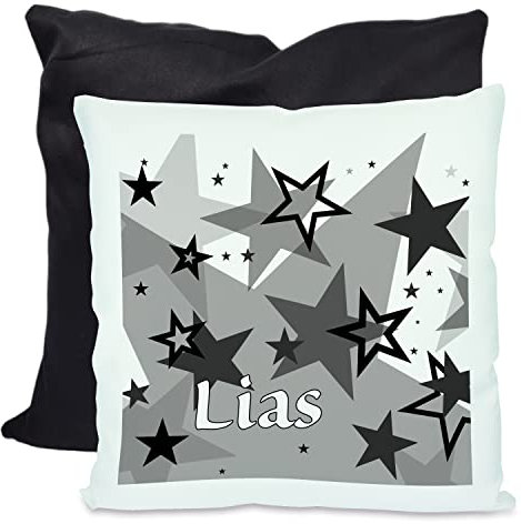 CreaDesign, Kinder Kissen 40x40 cm personalisiert mit Namen, Kinderzimmer Deko Kissen Kinder mit Füllung Federn, Motiv Sterne schwarz, Rückenfarbe Schwarz