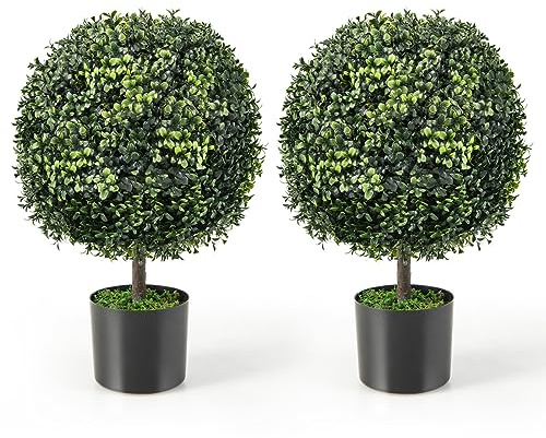 Goplus 22” Artificial Boxwood Topiary Ball Tree, Set of 2 Faux Potted Plants Artificial Shrubs Bushes with Cement Pot, Fake Evergreen Artificial Topiary for Indoor Outdoor Home Front Porch Decor