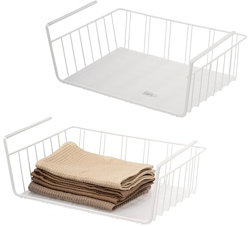 eluno Schrankkörbe 2er Set inklusive Einlegeböden und Kratzschutz, Aufbewahrungskorb Organizer für Küche, Speisekammer, Büro, Bücherregal, Schrank, Schränke, Badezimmer, Unterregal, 41 cm (Weiß)