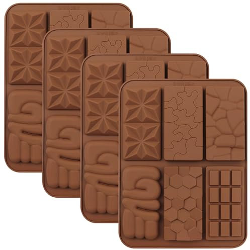 YXHZVON Lot de 4 Moules à Chocolat en Silicone 6 Rectangles, Moule à Gaufres Réutilisables avec, Grille Moules à Bonbons à Gummy, Moule Bonbon Antiadhésif, pour Gelée, Pralines, Glaçons (Brun)