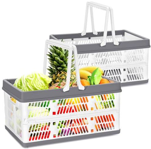 2 Stück Klappkiste Einkaufskorb, Klappboxen Faltbar Stabil, Klappkorb Klappkiste Plastik, Tragekorb mit Henkel, Kunststoff Faltkorb Klappbox, für Zuhause Picknicks Supermärkte (Weiß)