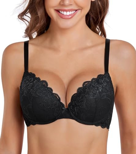 DotVol Women's Comfort Push Up Padded Deep V Plunge Flower Lace Underwire Everyday Bra(Black,38D)