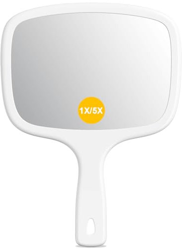 Auxmir Handspiegel mit Griff, Doppelseitig Kosmetikspiegel mit 1X/5X Vergrößerung, Tragbar Schminkspiegel Spiegel für Friseur, Haare Schneiden, Rasieren, Makeup, Beauty, Gesichtspflege, Quadratisch
