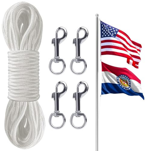 Naseom Fahnenseil Fahnenmast Seil, 20M Fahnenseil Halyard, 6 mm Wetterfest Reißfeste Kletterseil mit 4 Drehbaren Karabinerhaken, Wäscheleine Nylonseil für Outdoor, Segelboot, Garten, Camping (Weiß)