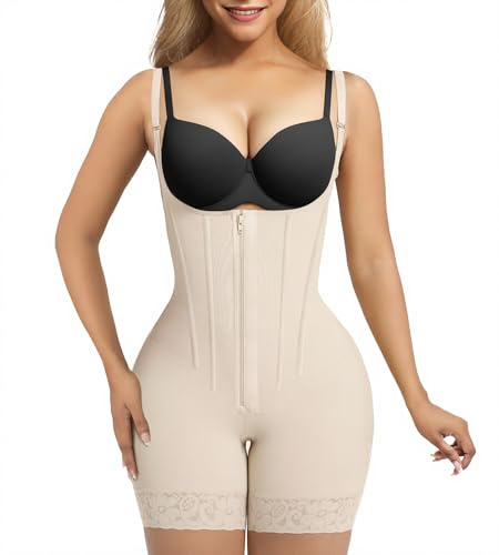 SHAPERX Women's Fajas Colombianas Tummy Control Shapewear Postpartum Butt Lifting Body Shaper with Boned Support,SZ7281-Beige-L
