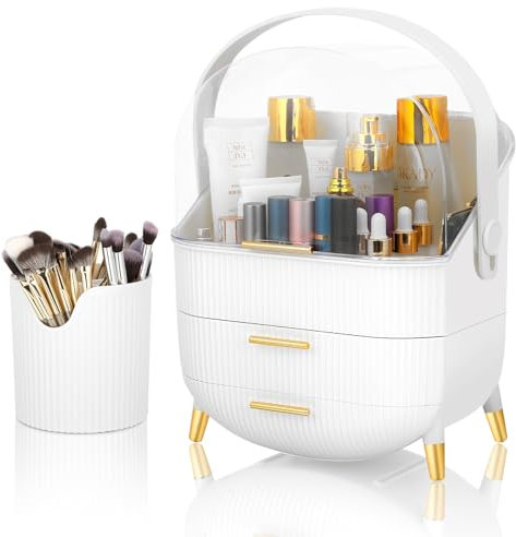 Romicta Organizzatore Cosmetici, Scatola per Makeup con 3 Cassetti e Porta Pennelli, Contenitore Trucco con Coperchio a Prova di Polvere e Acqua, Ideale per Tavolo da Trucco e Bagno (Bianco)