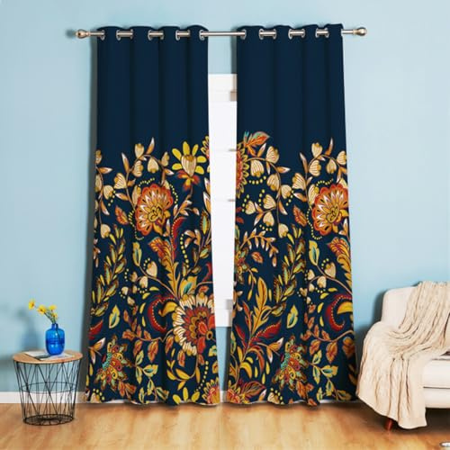 Tokusyou Boho gardiner, ogenomskinliga gardiner med öljetter, blommigt vintage med ögonlock, landskapsstil, mörkläggningsgardiner, dekorativa gardiner, termisk gardin, köldskydd, marinblå för fönster