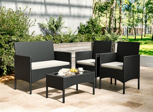 Salotto da Esterno in Rattan 4 Posti con Divano, 2 Poltrone e Tavolo in Vetro Temperato – Set Giardino Premium Waterproof con Cuscini Sfoderabili per Terrazzo e Patio - Salotto Relax Estivo (Rattan)