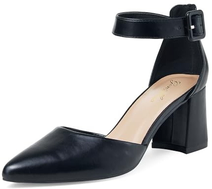 GENSHUO Escarpins Femme à Bout Fermé, Talon Bloc Bas 6 cm, Bride Cheville, Confortables pour Travail et Soirées, Noir Mat, 37 EU