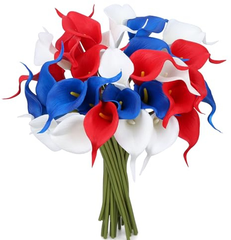Sahoottie 24 Pcs Patriotic Calla Lily Flower 4th of July Artificial Flowers Fake Blue White Red Silk Flowers Real Touch for Independence Memorial Day