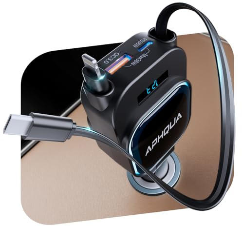 APHQUA 96W 4 in 1 Autoladegerät Zigarettenanzünder USB-C mit 2x70cm Aufrollbarem Autoladekabel, 12V/24V USB Adapter Auto, KFZ Zubehör Innenraum für iPhone 16/Sumsang S25