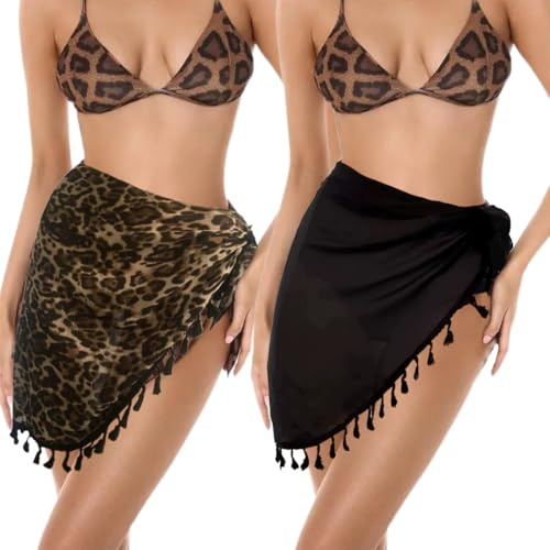 2 Pièces Pareo Femme Plage, Mousseline Wrap de Plage, Sarong Paréo Cache-Maillot Couverture de Bikini Jupes Wrap,look de plage Noir/Léopard