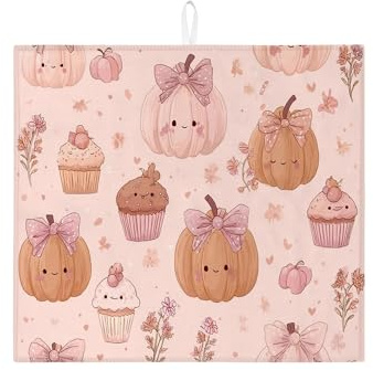 Cute Pumpkin Dish Drying Mats For Kitchen Counter, Vintage Peach Absorbent Drainer Mat, Cozy Microfiber Drying Pad For Coffee Bar Protector 16x18 Inch