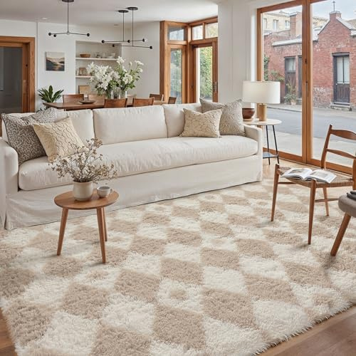HUGEAR Matta 140 x 200 cm Beige Stor Halkfri Vardagsrumsmatta Sovrum Barnrum Kontor Mjuk Fluffig Långhårig Mattor Modern Romb Geometriska Mönster Dekoration Golvmatta
