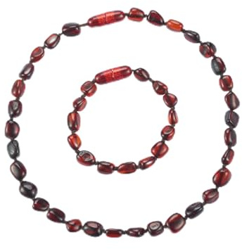 ELEGAMBER Handmade polished amber Necklace Set -100% Certified and Authentic Baltic Amber - Genuine Amber Beads, 12.5+5.5 inches (red suit)