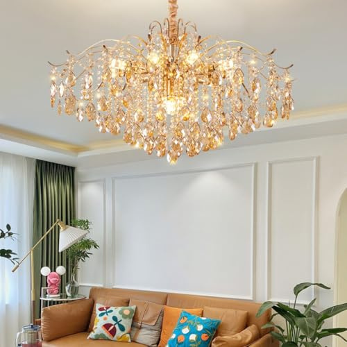 DOCJX Kristall Gold Kronleuchte Moderne Pendelleuchte, Kristall Lampenschirm Hängelampe Für Lampe Wohnzimmer Esszimmer, Pendellampe Mit E14 Lüster Für Schlafzimmer Küche Villa, Deckenleuchte(80CM)
