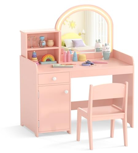 LIFEZEAL 2 in 1 Tavolo da trucco per bambini con sedia, tavolo da trucco ragazza con specchio LED e armadietto, tavolo da toeletta in legno con cassetto e scaffale, 3+ anni, carico di 50 kg (rosa