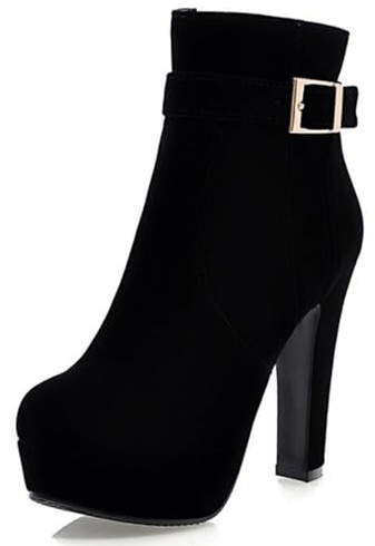 Botines de tacón Alto para Mujer con Plataforma y Hebilla en Gamuza sintética tacón Grueso Suela de Goma Cremallera Lateral Punta Redonda Botines Casuales y Elegantes