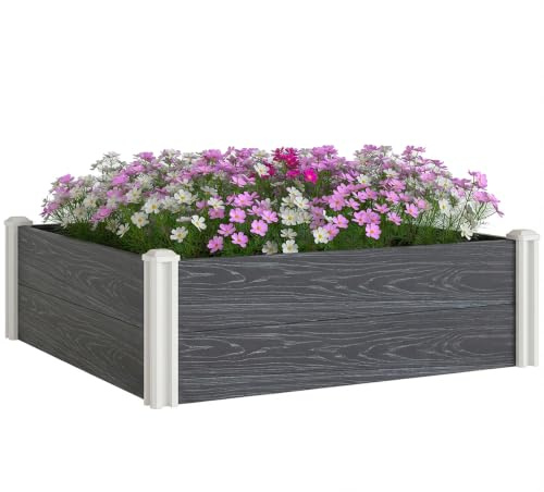 Outsunny Letto Rialzato da Giardino in Vinile 102x102x33 cm Grigio Scuro | Kit Modulare, Gambe ad Incastro, Fondo Aperto, Fioriera Orto Rialzato da Esterno, per Fiori Erbe e Verdure, Cassone