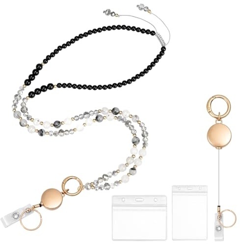 Dadanism Retractable Lanyards for ID Badges and Keys, Black Onyx | Natural Stone Beaded Lanyard with Retractable Badge Reel, Adjustable Lanyard ID Holder for Teachers, Office Workers, Women