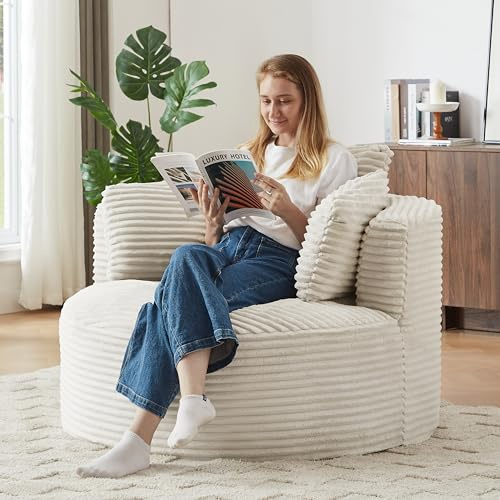 Bladez Einzelsessel runder Cord-Liegesessel Moderner Schlafsessel ohne Montage, Cloud-Sessel Corduroy 1 Seat Einzelsofa Flauschiger Relaxsessel für Wohnzimmer, Schlafzimmer, Beige