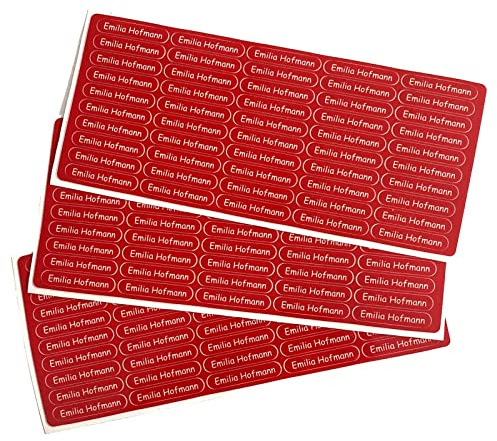 Indigos UG Namensaufkleber Kinder Schule - 150 Sticker - 36x7 mm - Aufkleber selbst gestalten - Namensschilder selbstklebend Kindergarten, Sticker KITA, Brotdose, Flasche, Federmappe, Stifte - rot