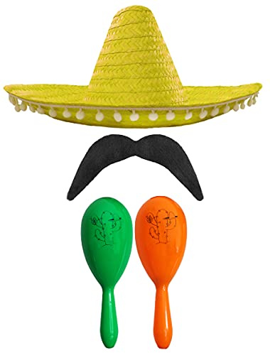 Mexikanisches Kostümzubehör-Set – Mexikanischer Sombrero mit Maracas und Fashe – (gelbe Pompom-Pom-Sombrero + grüne und orange Maracas)