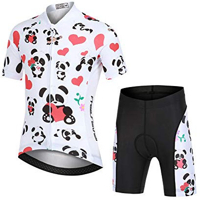 LSHEL Kinder Jungen Radtrikot Set, Mädchen Radbekleidung Anzüge, Quick Dry Radsportanzug, Fahrradtrikot Kurzarm und 3D Sitzpolster Radhose, Süßer Baby Panda, 134/140(Herstellergröße: XL)